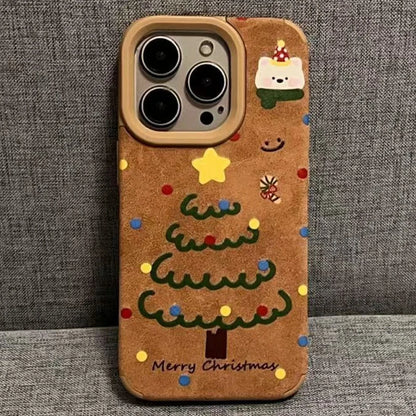 Cute Bear And Star Design Christmas Tree Faux Leather Phone Case