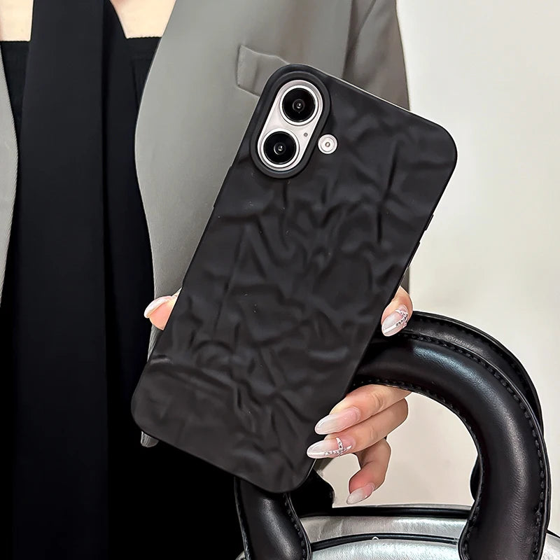 Fashion 3D Wrinkled Tin Foil Texture Matte Black Phone Case