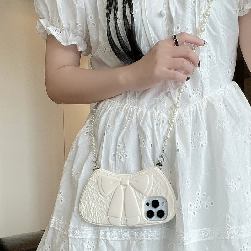 Fashion 3D Bow Pearl Crossbody Bag Pattern Silicone Phone Case