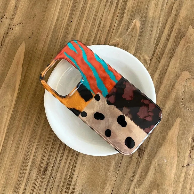 New Retro Fourcolor Leopard Pattern Stitching Phone Case