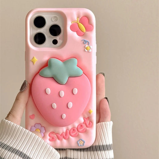 Cute 3D Cartoon Strawberry Hand Grip Holder Soft Silicone Phone Case