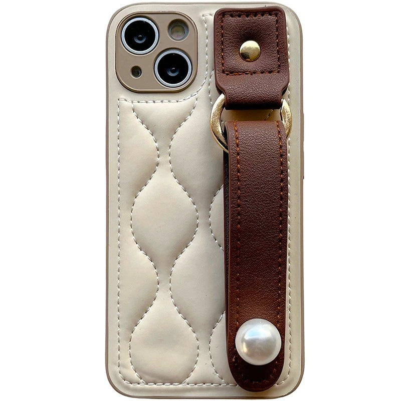 Fashion Leather Pearl Wrist Strap Stand Phone Case