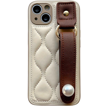 Fashion Leather Pearl Wrist Strap Stand Phone Case