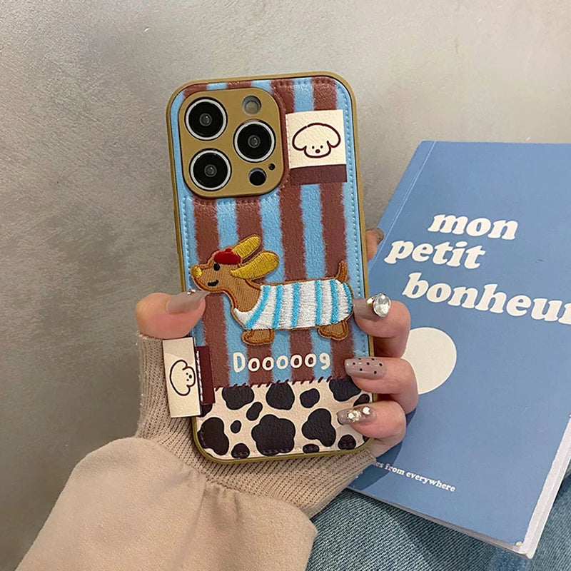 Lovely Embroidered Puppy Dog Leather Drum Bag Phone Case