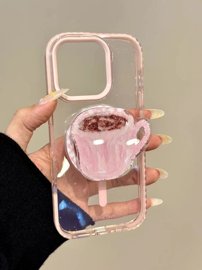 3D Cute Coffee Cup Clear Magnetic Grip Tok Pink Phone Case