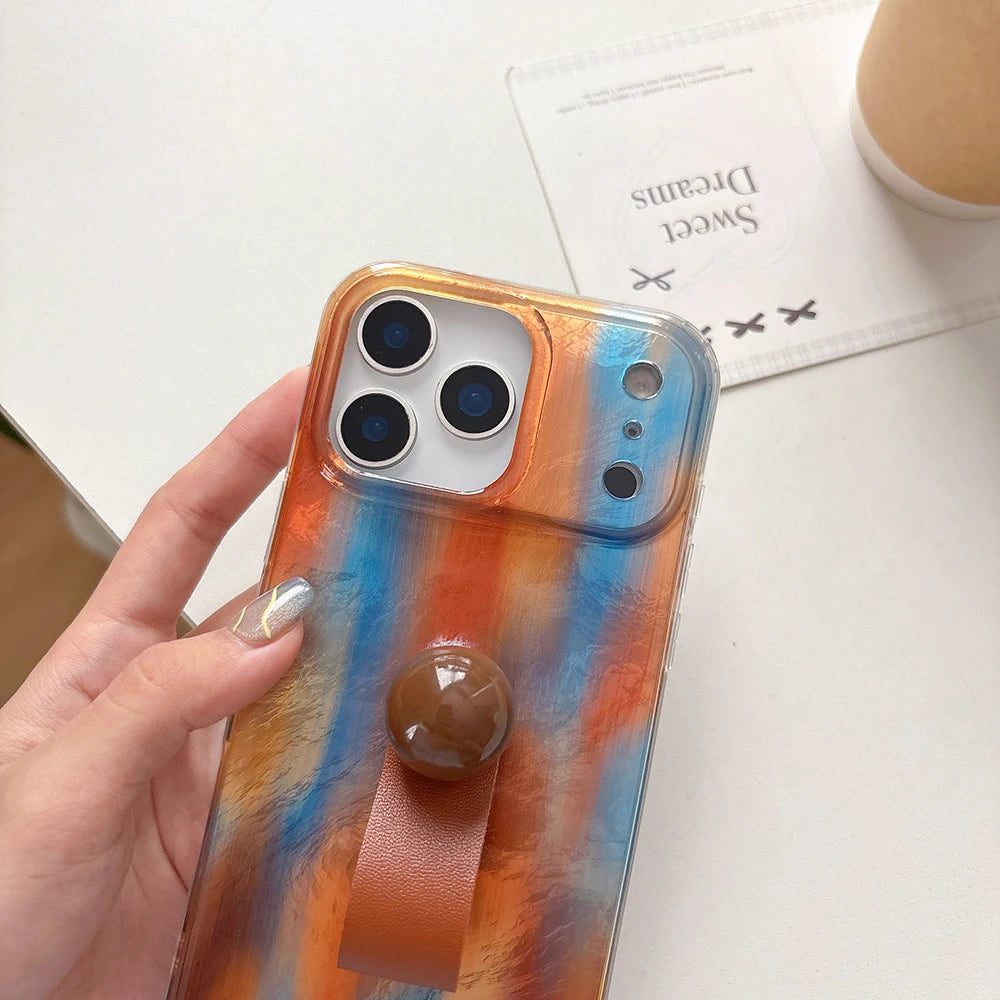 3D Ball Ring Buckle Bracket Leather Blue Orange Smudged Phone Case