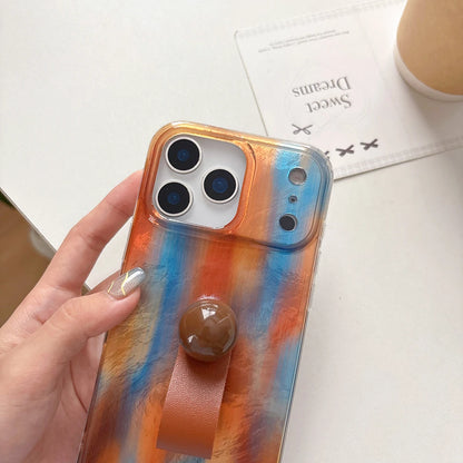 3D Ball Ring Buckle Bracket Leather Blue Orange Smudged Phone Case
