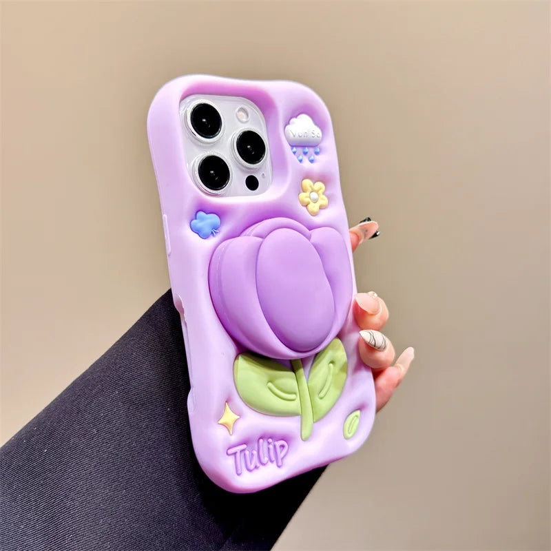 Cartoon 3D Purple Tulip Bracket Phone Case