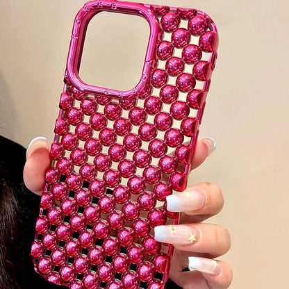 Luxury Plating Red Pearl Round Beads Heart Dissipation Phone Case