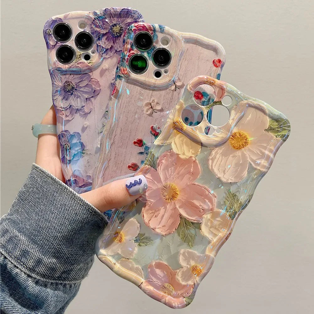 Stylish Phone Case Retro Oil Painting Flower Glossy Cute Floral Wave Border Exquisite Cover