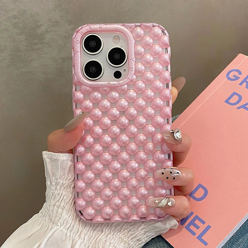 Fashion Macaron Color Hollow-out 3D Pearl Beads Phone Case
