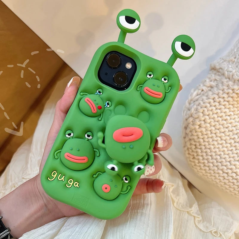 3D Cute Silicone Telescopic Bracket Thick Lips Green Frog Phone Case