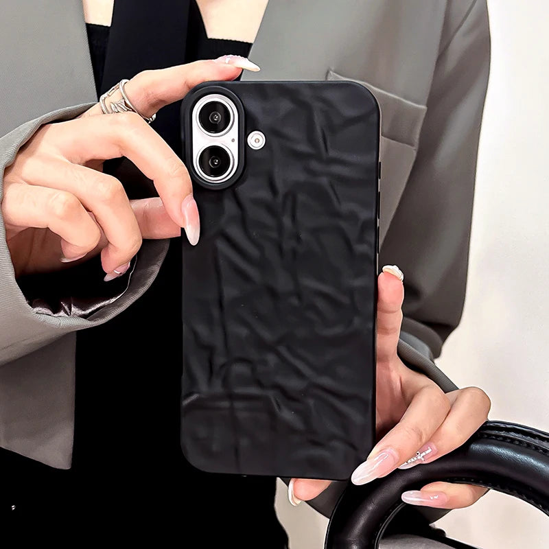 Fashion 3D Wrinkled Tin Foil Texture Matte Black Phone Case