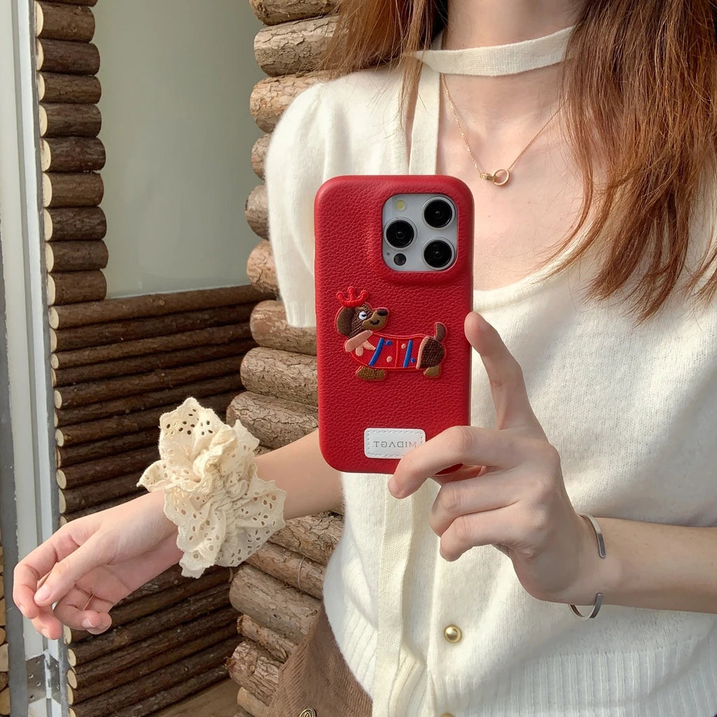 Cartoon Embroidered Cat Dog Series Stickers Solid Color Leather Phone Case