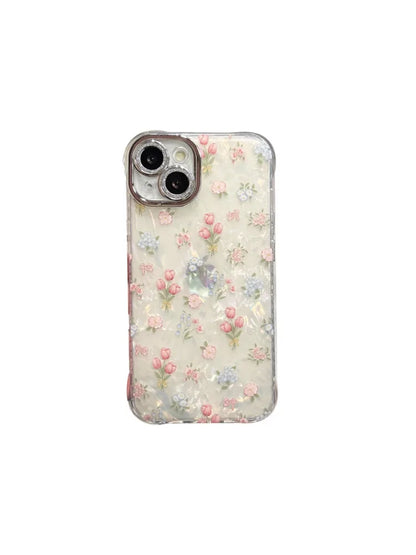 Stylish Illusory Color Shell Pattern Full Screen Tulip Flowers Rhinestone Lens Phone Case