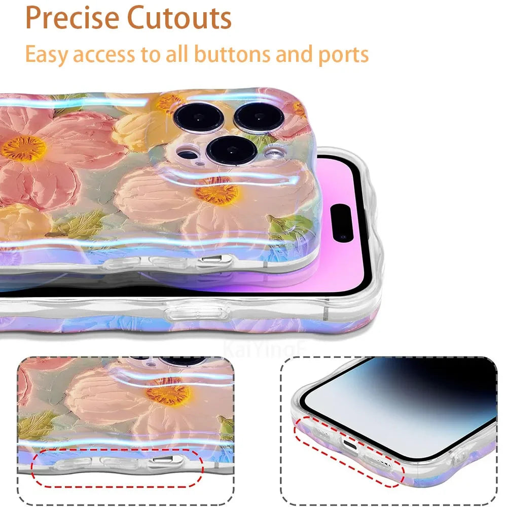 Stylish Phone Case Retro Oil Painting Flower Glossy Cute Floral Wave Border Exquisite Cover