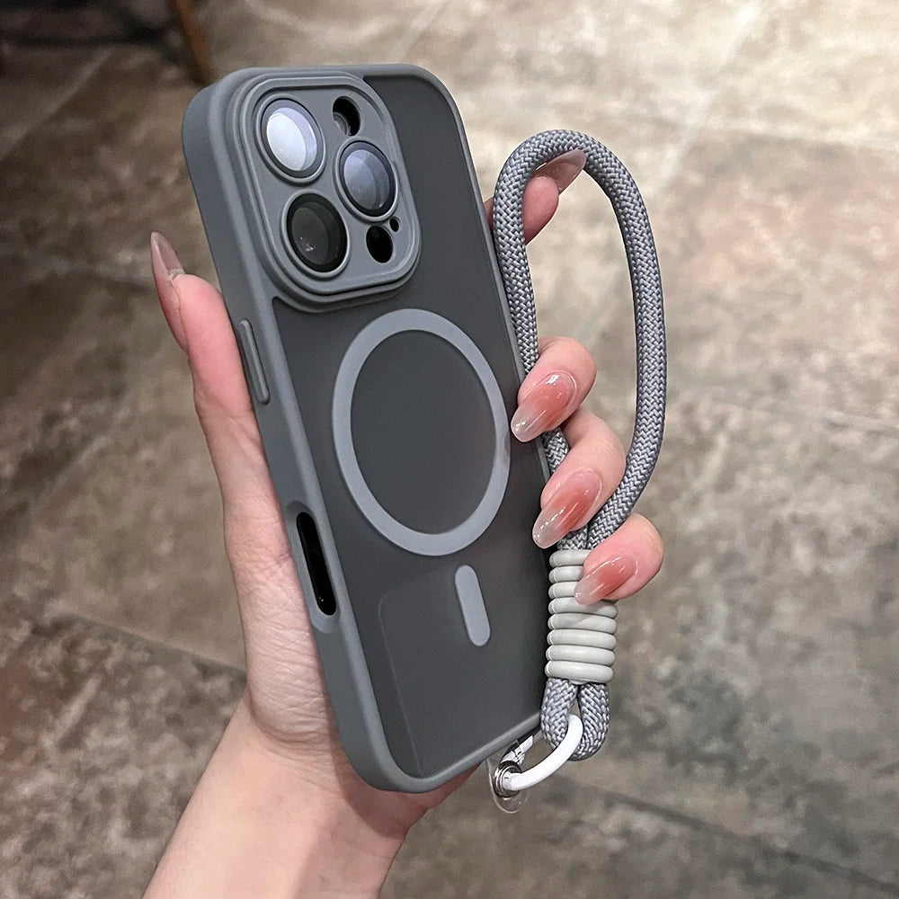 Clear Matte Magnetic Lanyard Wrist Strap Phone Case