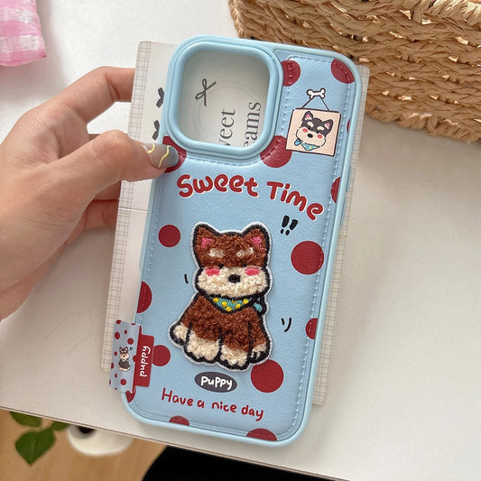 Cute Embroidered Puppy Dog Leather Phone Case