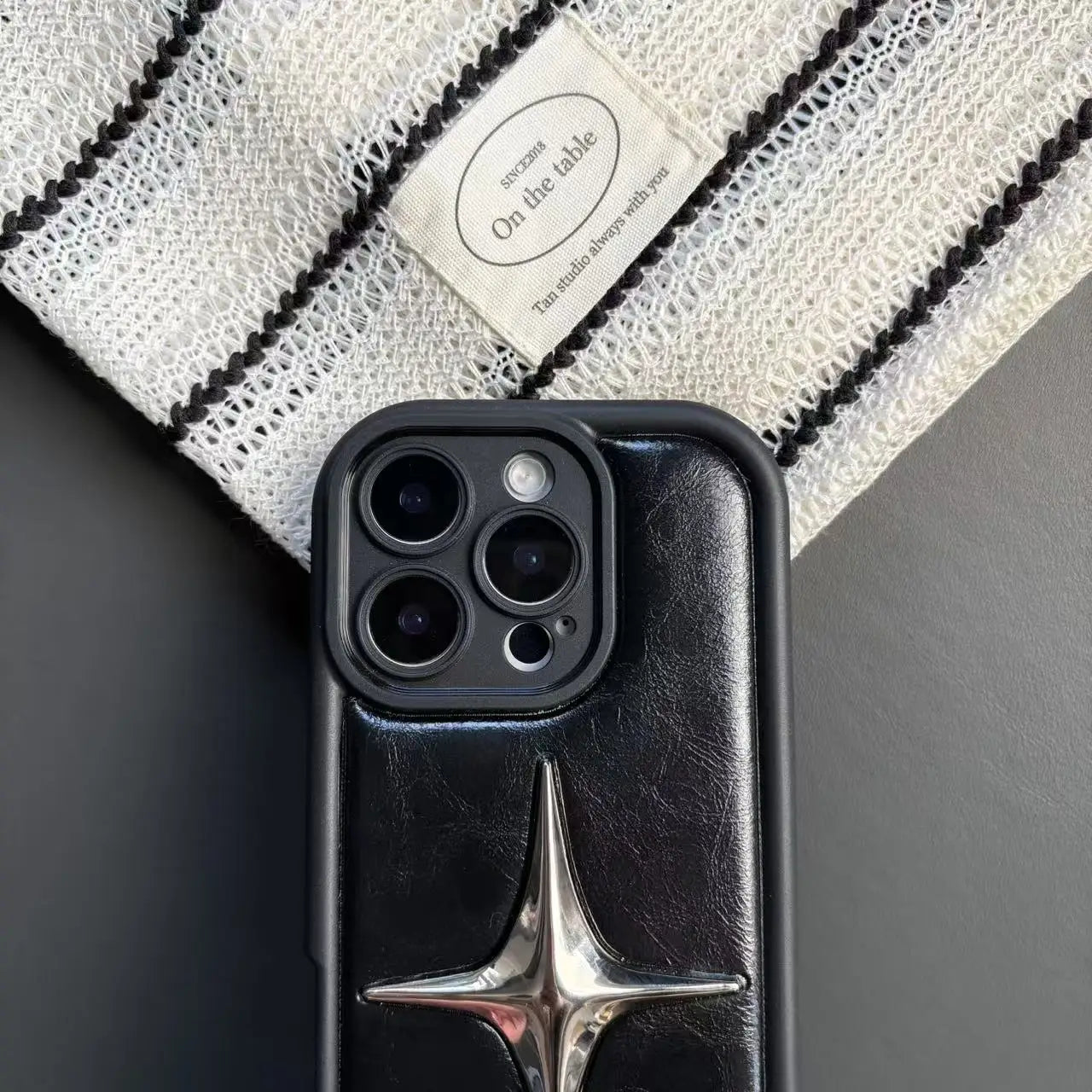 Retro Advanced Stereoscopic Silvery Star Black Leather Shock Proof Phone Case