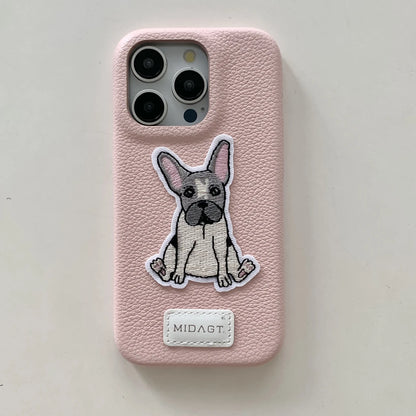 Cartoon Embroidered Cat Dog Series Stickers Solid Color Leather Phone Case