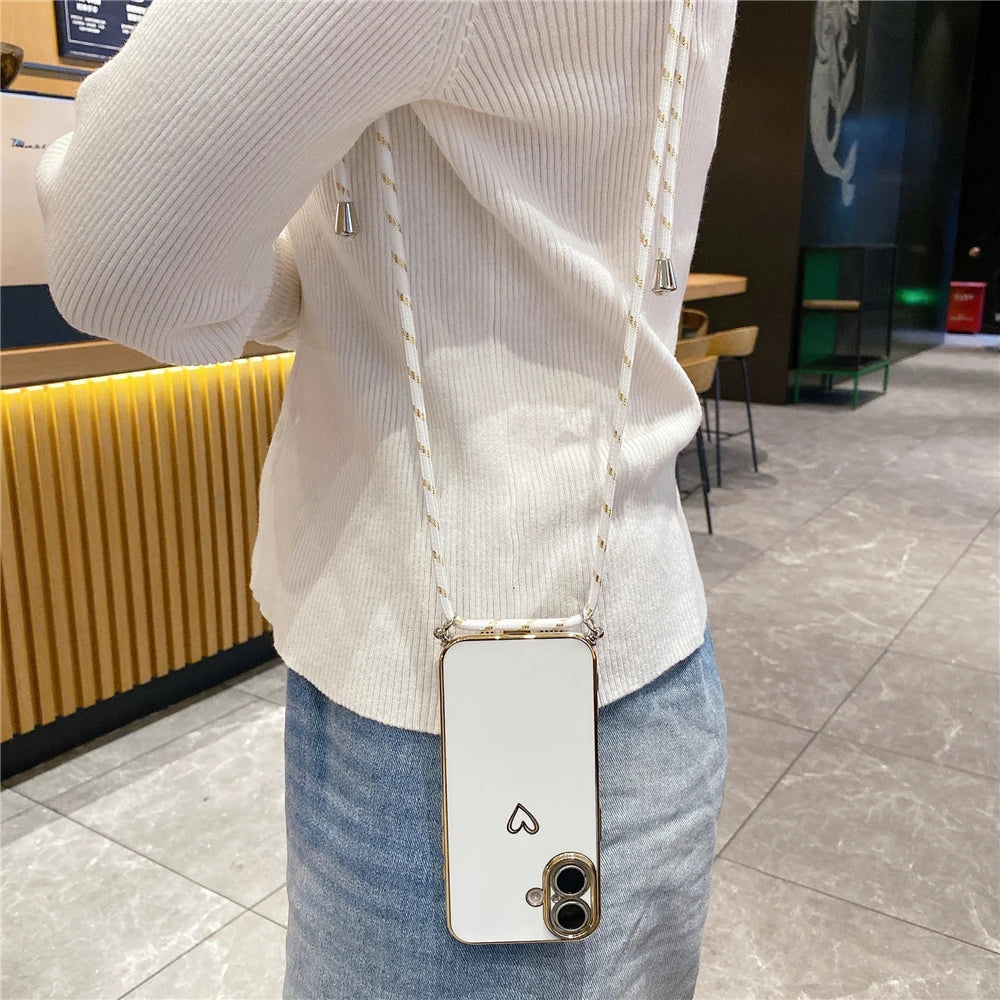 Crossbody Lanyard Cord Plating Love Heart Soft Phone Case