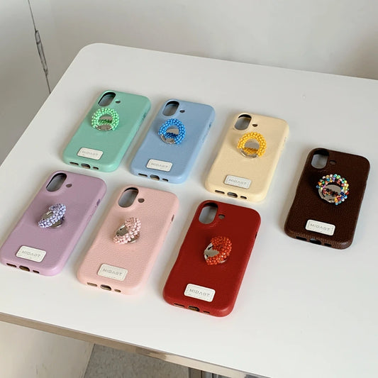 Advanced Solid Color Lichee Pattern Leather Colored Beads Finger Ring Holder Phone Case