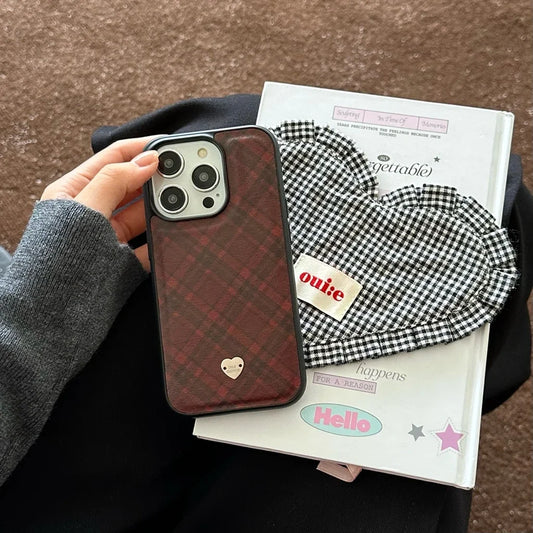 Retro Red Grid Pattern Leather Metal Love Heart Shockproof Protective Phone Case