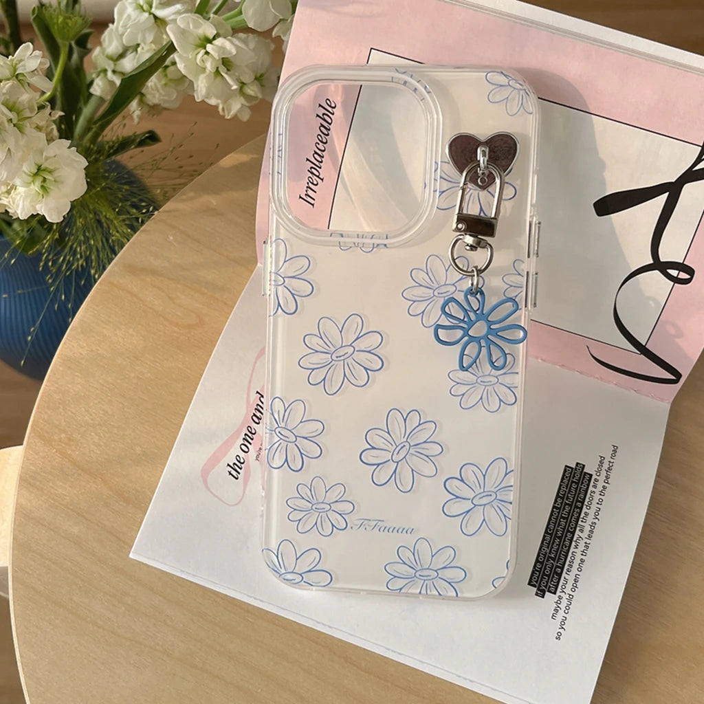 Fresh Full Screen Blue Line Flowers Matte Pendant Shockproof Protective Phone Case