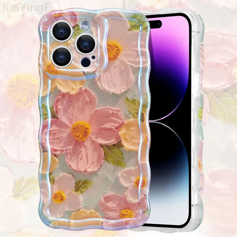Stylish Phone Case Retro Oil Painting Flower Glossy Cute Floral Wave Border Exquisite Cover