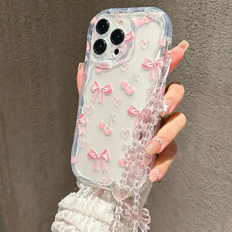 Cherry Transparent Watercolor With Chain Wavy Edge Phone Case