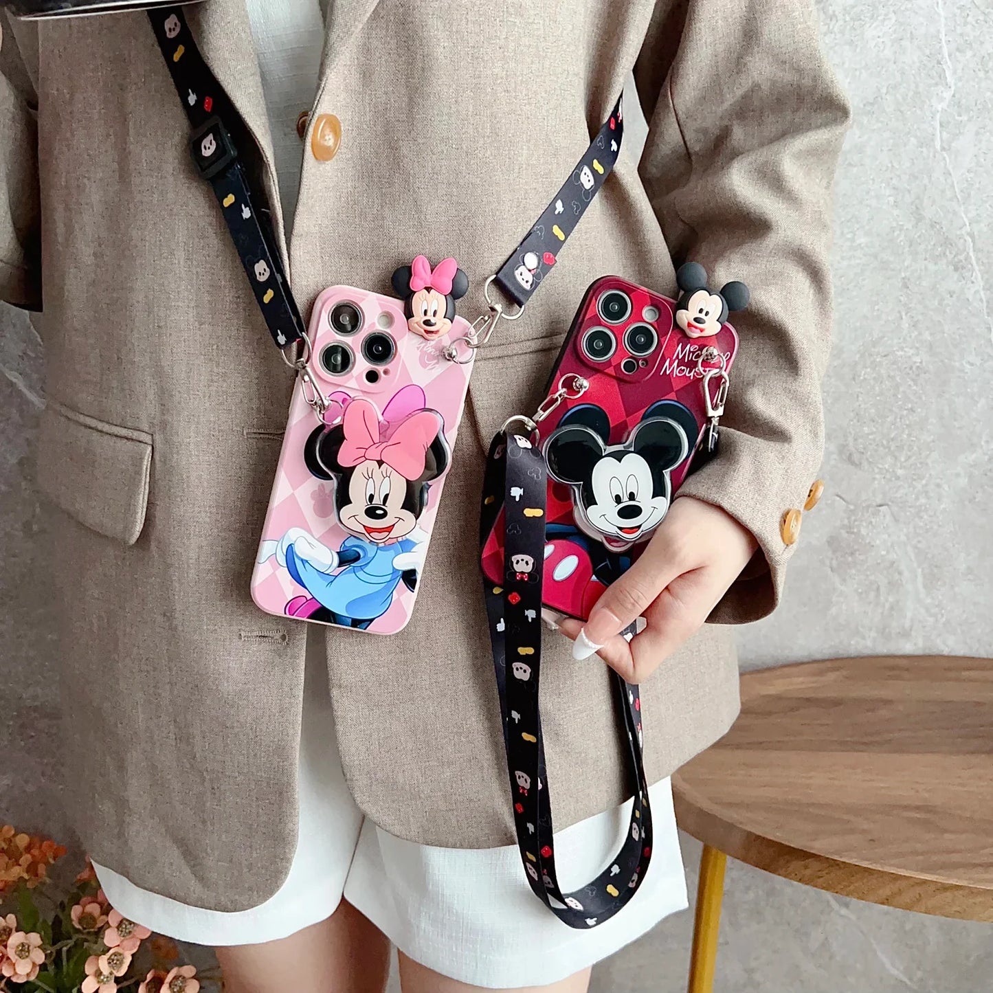 Playful Minnie Phone Case with Holder & Lanyard for iPhone