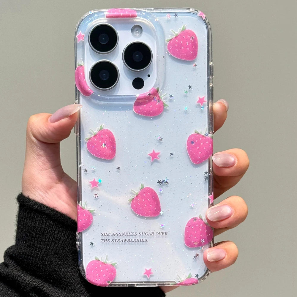 Glitter Strawberry with 3D Dangle Shockproof Cute Chic Phone Case