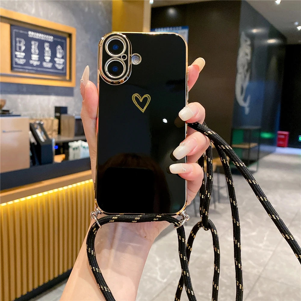 Crossbody Lanyard Cord Plating Love Heart Soft Phone Case