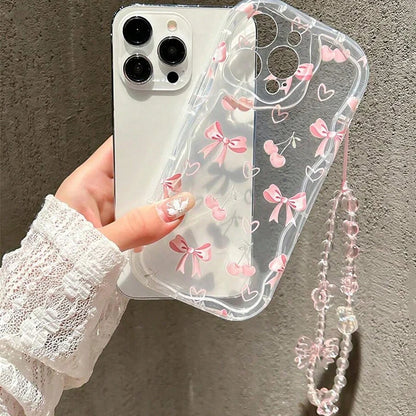 Cherry Transparent Watercolor With Chain Wavy Edge Phone Case