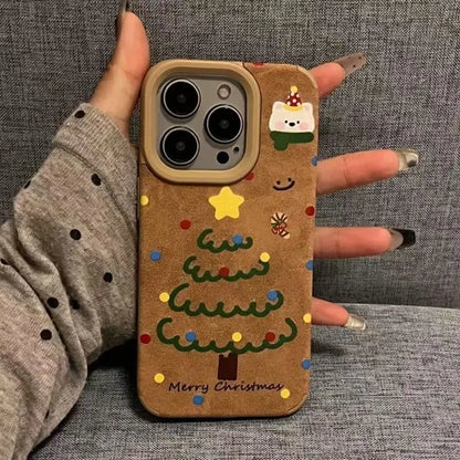 Cute Bear And Star Design Christmas Tree Faux Leather Phone Case