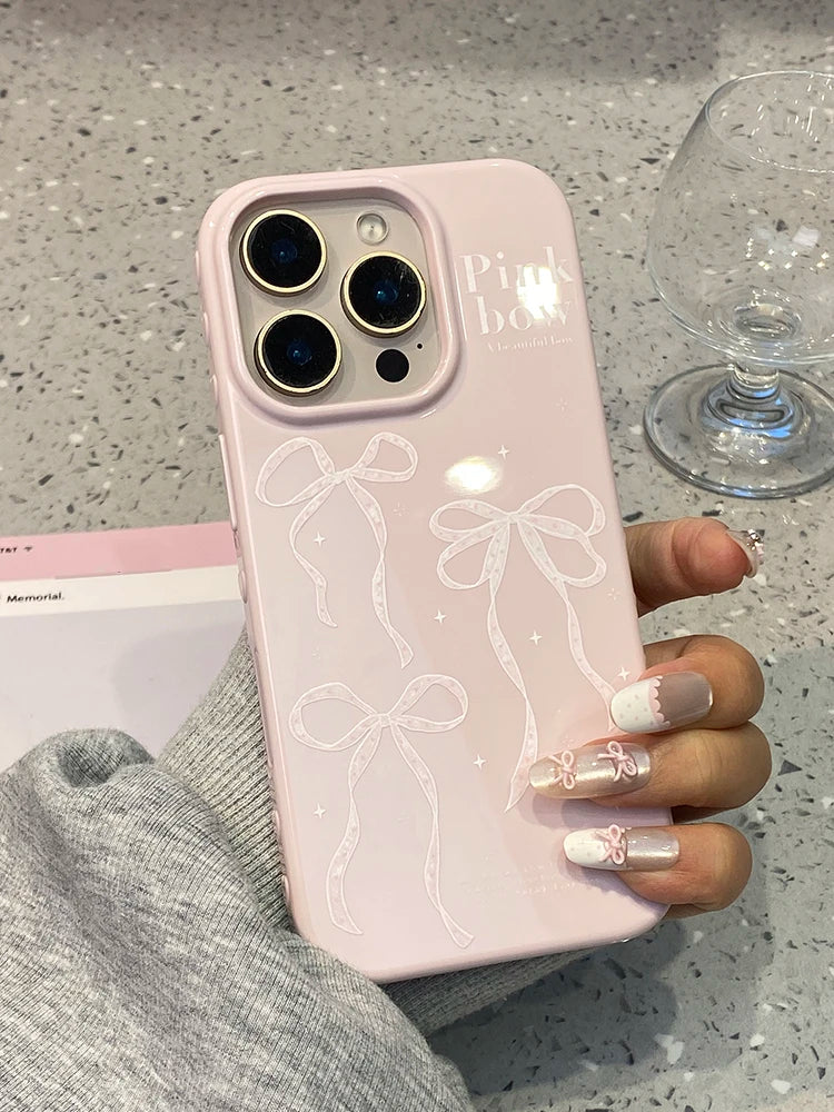 Simple Korean Pink Bow Glossy Protective Phone Case