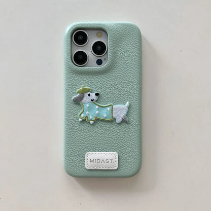 Cartoon Embroidered Cat Dog Series Stickers Solid Color Leather Phone Case