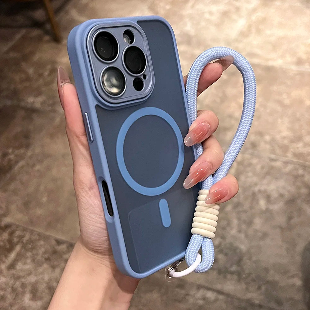 Clear Matte Magnetic Lanyard Wrist Strap Phone Case