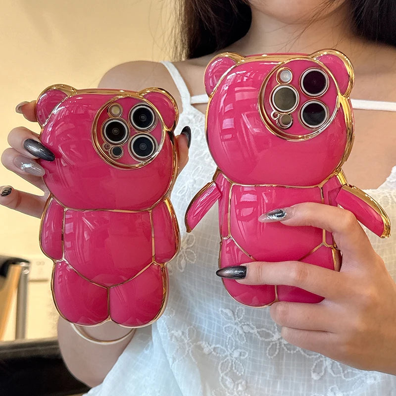 Plating Rose Cute 3D Bear Shape TPU Phone Case