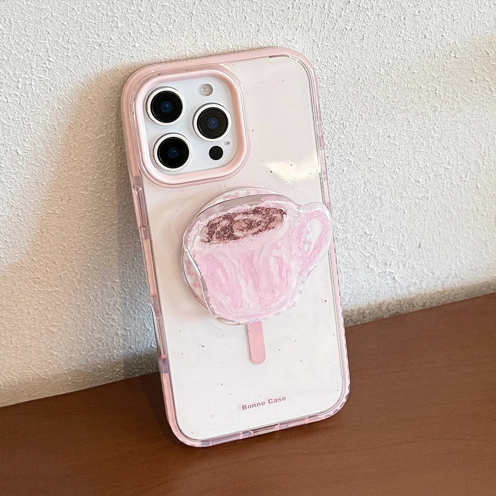3D Cute Coffee Cup Clear Magnetic Grip Tok Pink Phone Case