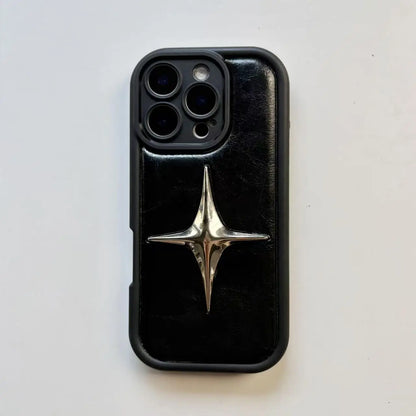 Retro Advanced Stereoscopic Silvery Star Black Leather Shock Proof Phone Case