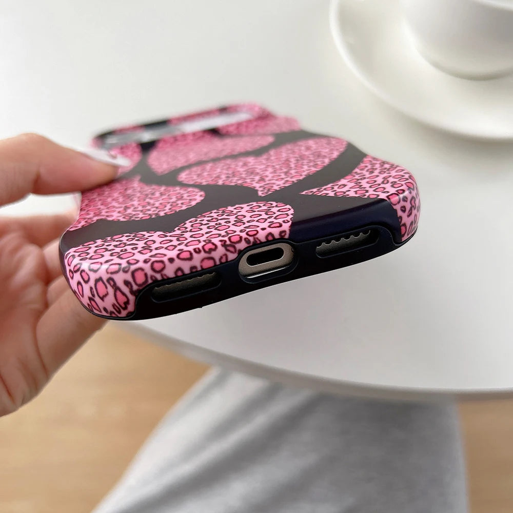 2 IN 1 Cute Heart Luxury Leopard Pattern Phone Case