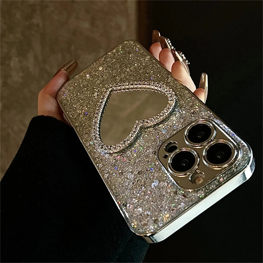 Luxury Bling Glitter Plating 3D Love Heart Mirror Sequins Phone Case