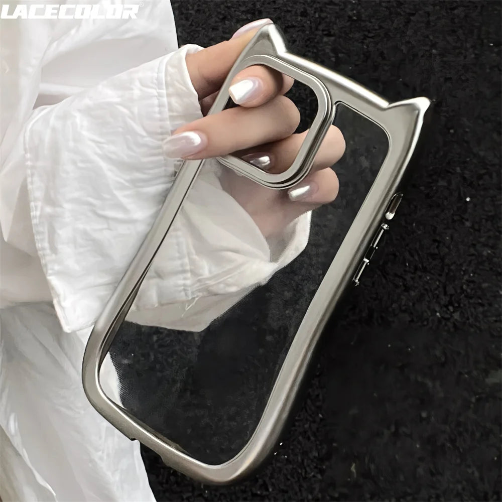 Plating Sliver 3D Cute Cartoon Cat Ears Transparent Phone Case