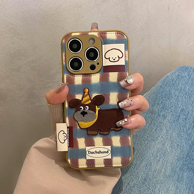 Lovely Embroidered Puppy Dog Leather Drum Bag Phone Case