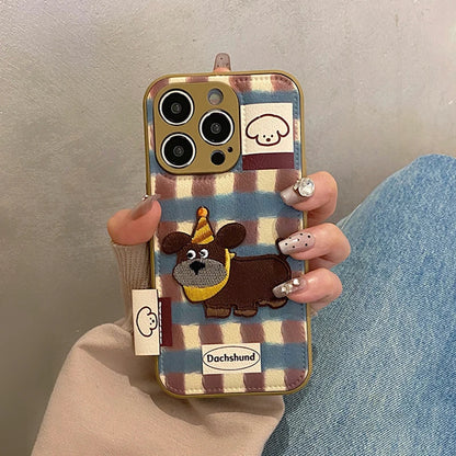Lovely Embroidered Puppy Dog Leather Drum Bag Phone Case