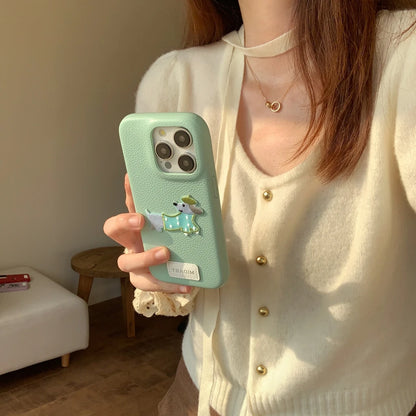 Cartoon Embroidered Cat Dog Series Stickers Solid Color Leather Phone Case