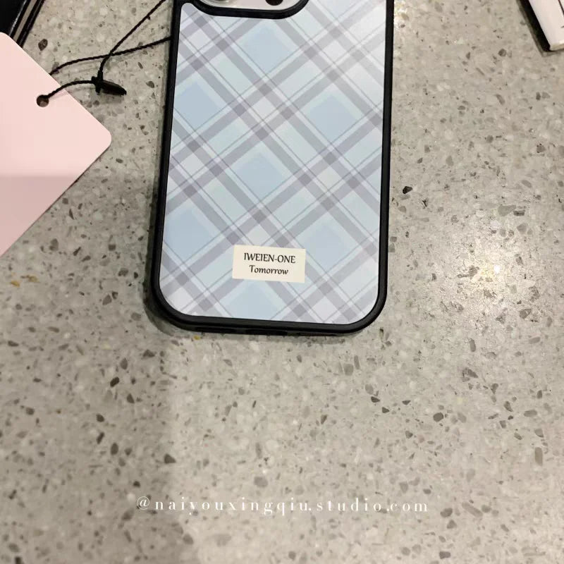 Ins Korean Sweet Girl Blue Diamond Grid Simple Phone Case