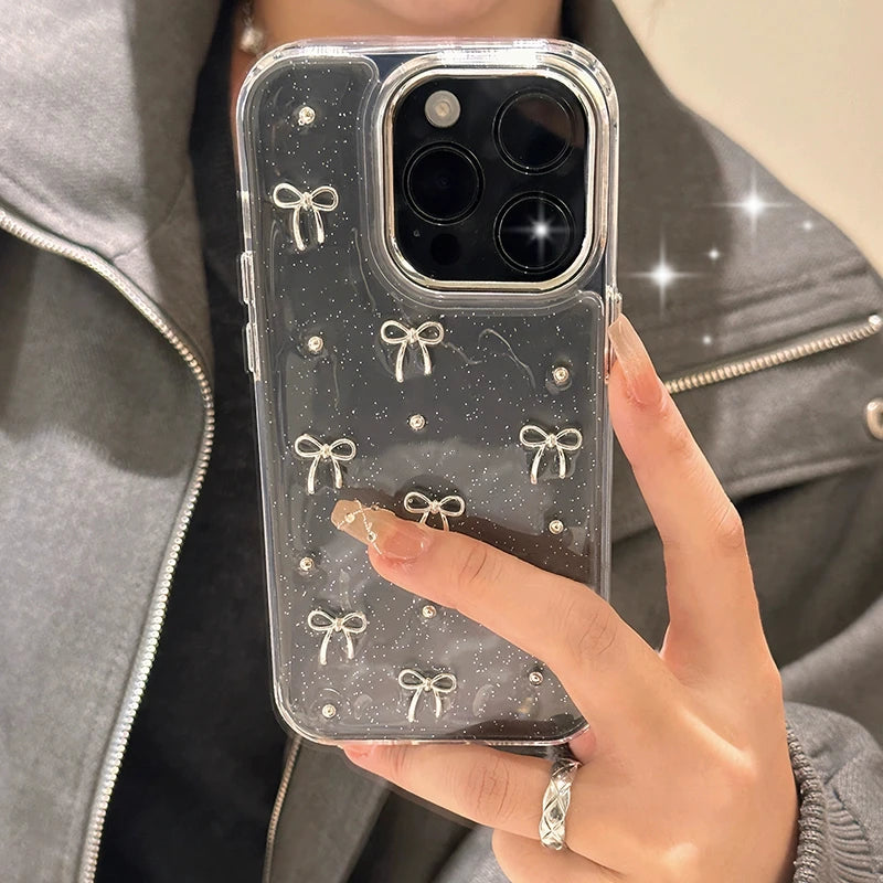INS Korea Glitter 3D Silver Bow Beads Phone Case