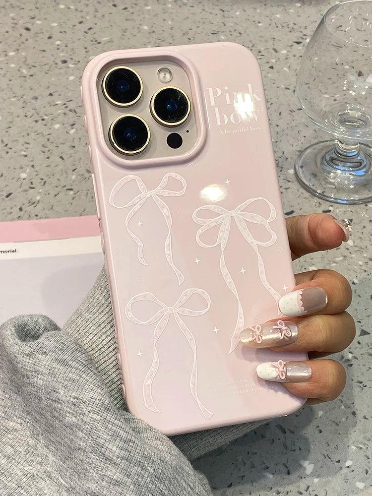 Simple Korean Pink Bow Glossy Protective Phone Case